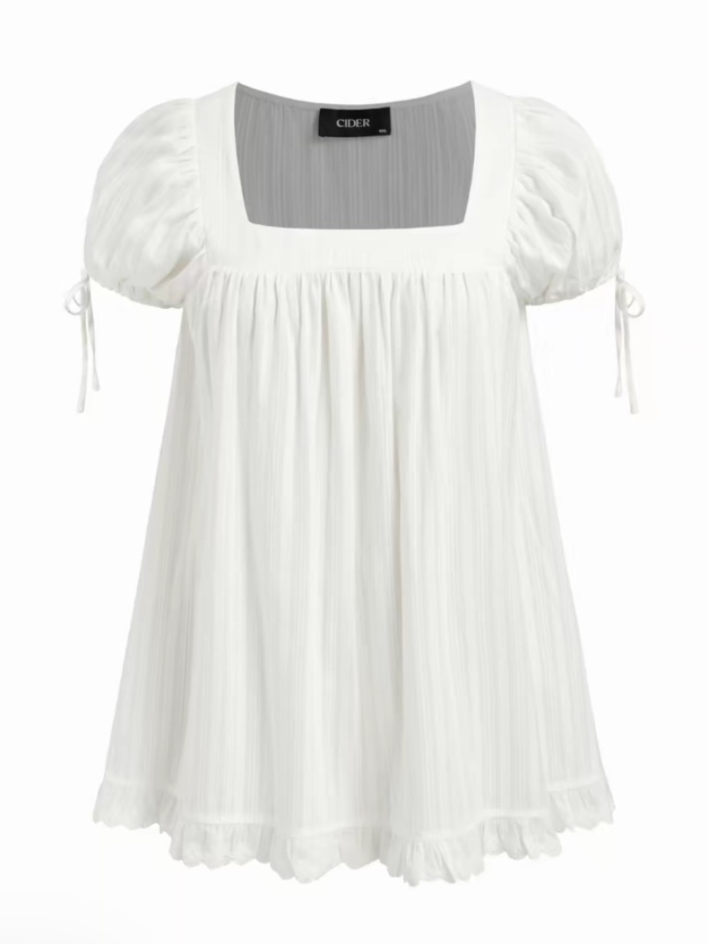 CIDER White Square Neck Solid Ruffle Knotted Short Sleeve Blouse